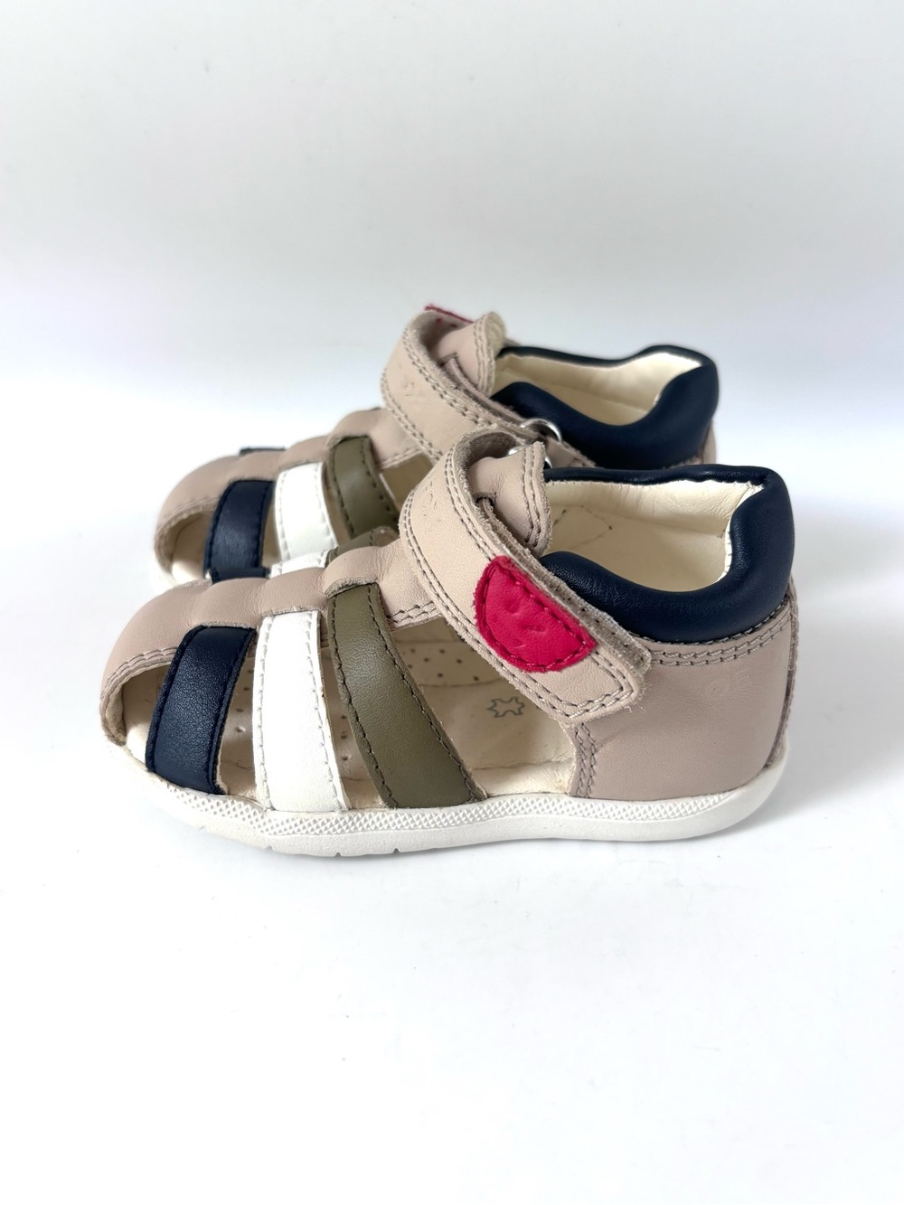 Geox B Sandal Macchia Boy Sandals Beige Leather With Navy & Green Size 19/US 4